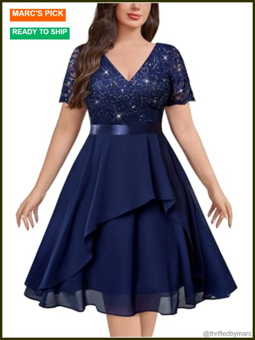 Sequin Lace Plus Size Midi Dress V-Neck Ruffle Sleeve Party
